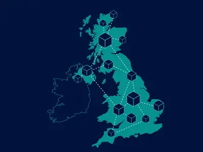 Map of the UK showing connected cube icons linked by dotted lines across different regions