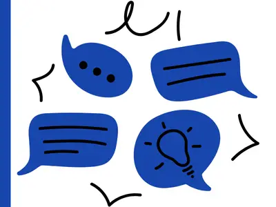Blue vertical border on the left, and blue speech bubble illustrations with a lightbulb icon representing discussion and learning